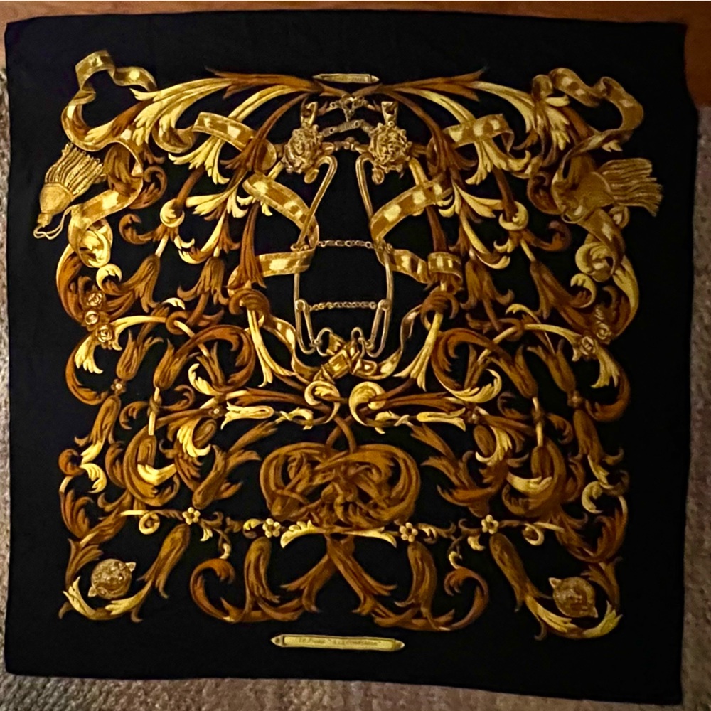 Hermes yellow and navy silk scarf "Le Mors A La Conetable" Extra large wrap